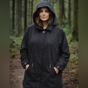 Gallery Black Hooded Rain Coat- Women’s XL NWOT